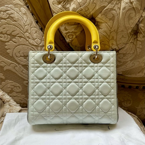 Christian Dior Lady Dior Medium Caviar Calfskin Yellow/Baby Blue/Grey NWOT RARE - Picture 7 of 9